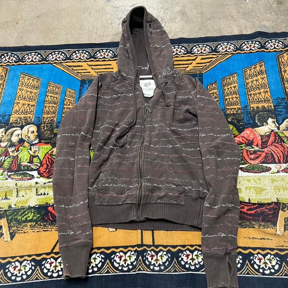 Brown fox zip up hoodie womens medium fox riders girls embroidered scripture y2k - Picture 5 of 8